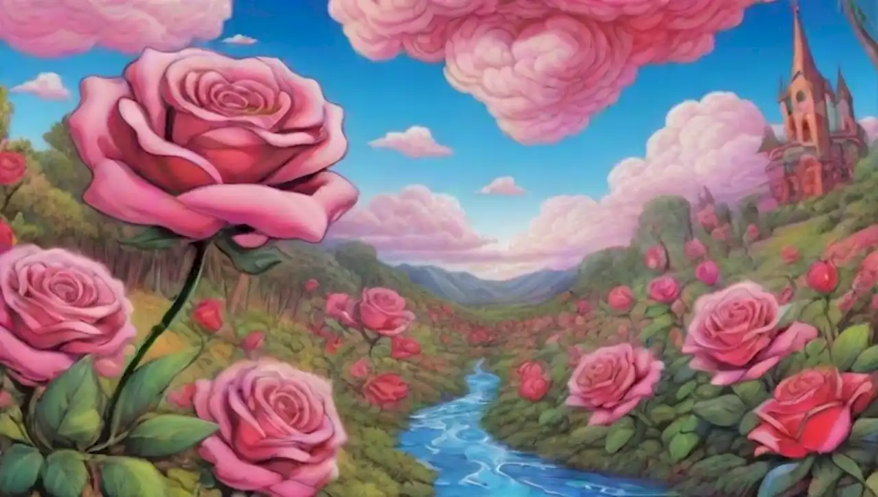 Un jardín rosa surrealista con colores vibrantes y criaturas caprichosas.