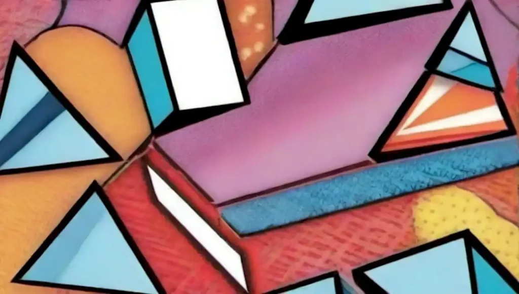 Formas geométricas coloridas y surrealistas con patrones abstractos y simetría lúdica.