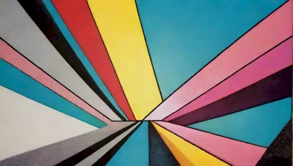 Arte abstracto con formas geométricas y colores vibrantes en paisajes surrealistas.