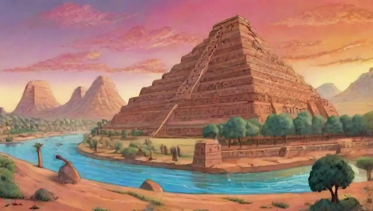 Ziggurat antiguo en un desierto, simbolismo cuneiforme en el cielo, jardines y ríos, criaturas míticas y figuras humanas, bajo un cielo crepuscular.