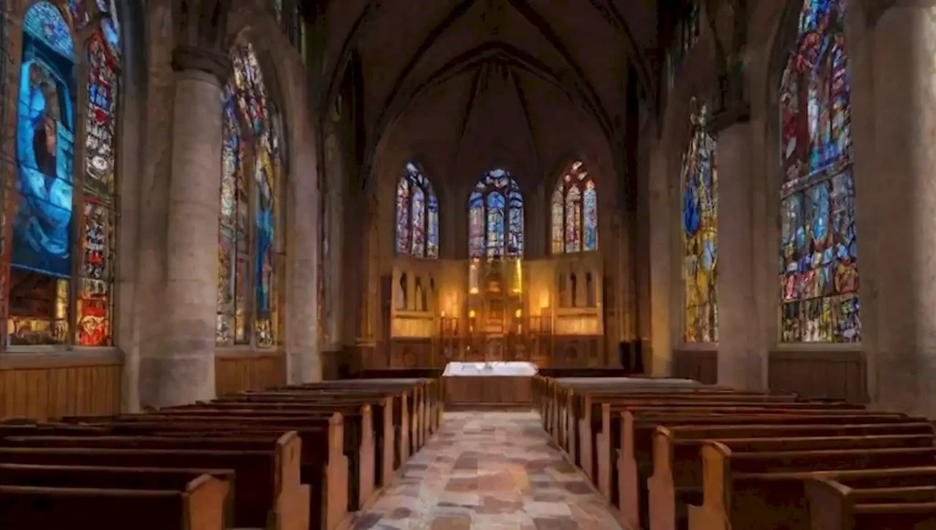 Iglesia misteriosa con vitrales rotos y figuras históricas en debate entre luces y sombras.