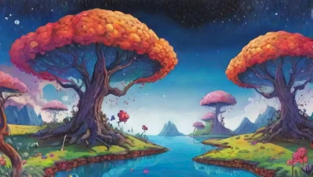 Paisaje surrealista con islas flotantes y elementos oníricos.