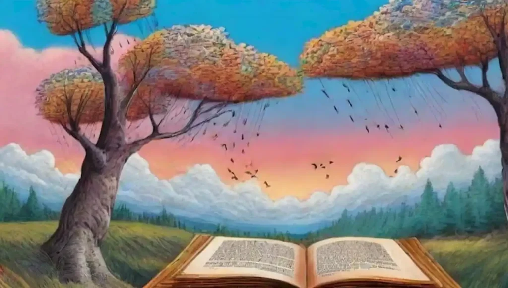 Un paisaje surrealista lleno de libros flotantes