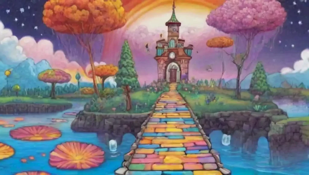 Un paisaje surrealista lleno de elementos fantásticos y colores vibrantes.