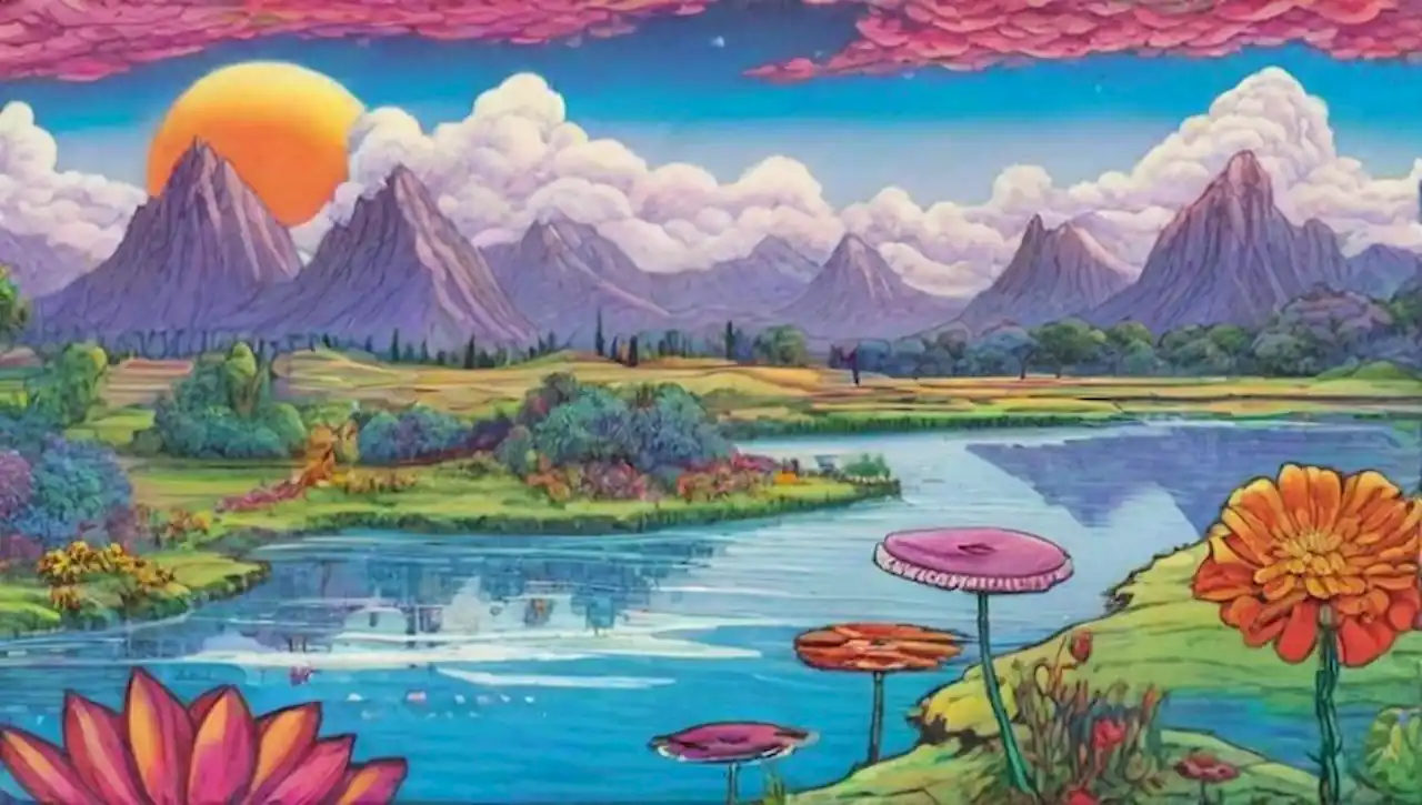 Un paisaje surrealista lleno de formas geométricas flotantes y colores vibrantes.