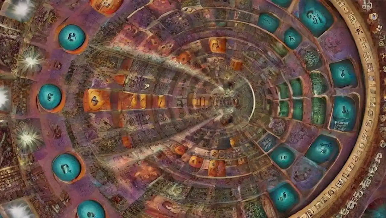 Formas geométricas abstractas y números en paisajes surrealistas.