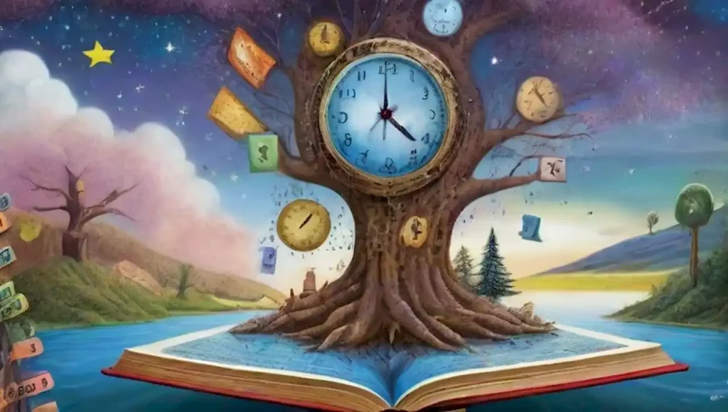 Paisaje surrealista con números flotantes y figuras que exploran conceitos matemáticos.