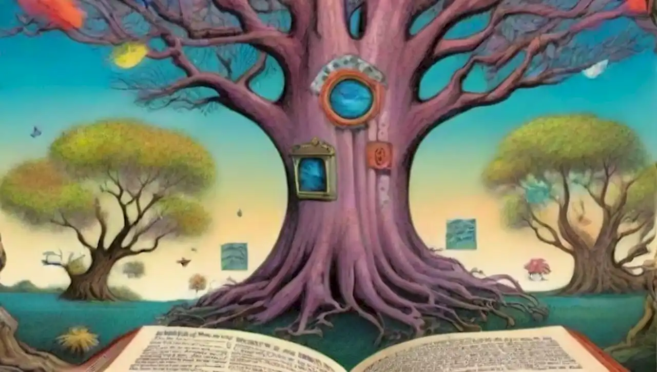 Paisaje surrealista con libros flotantes, árboles retorcidos y criaturas oníricas.