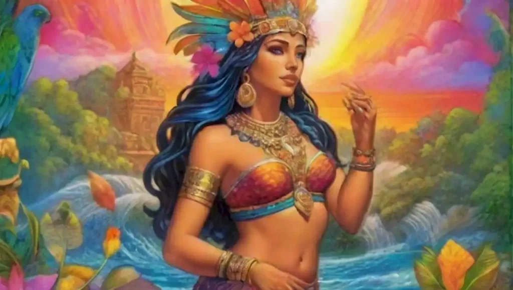 Diosa maya de la belleza en un entorno de colores vibrantes y naturaleza mística.