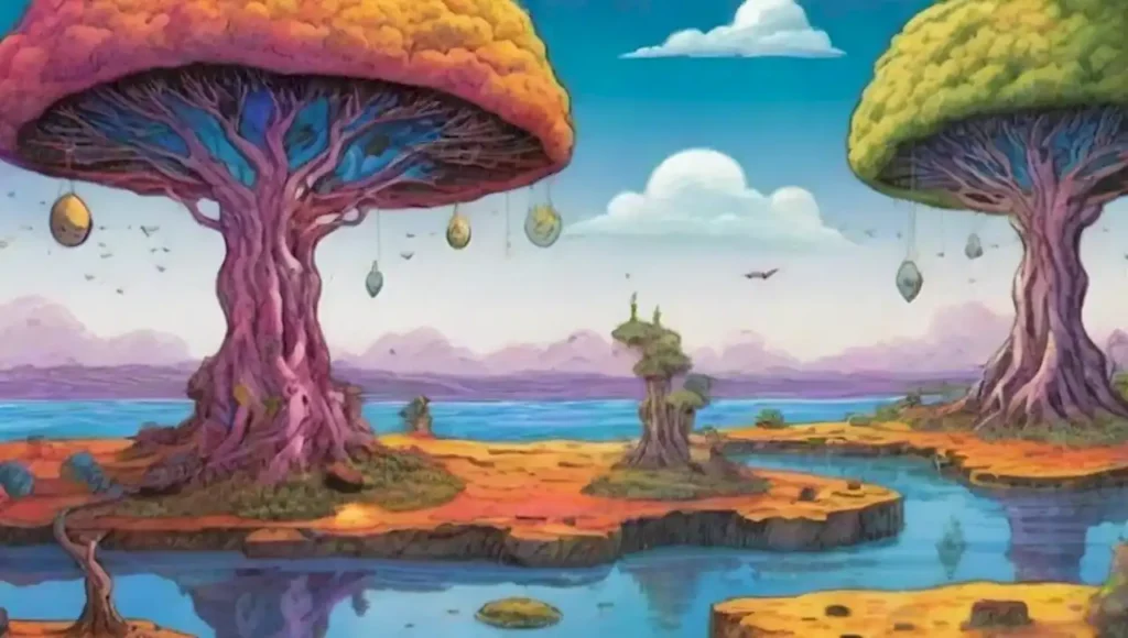 Un paisaje surrealista con islas flotantes