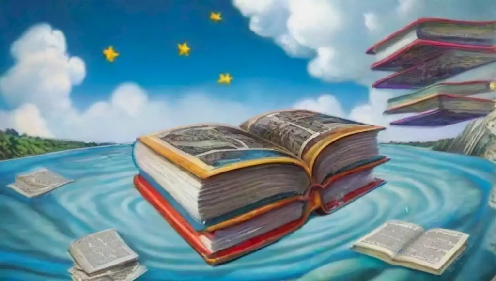 Un paisaje surrealista lleno de colores vibrantes y criaturas místicas.