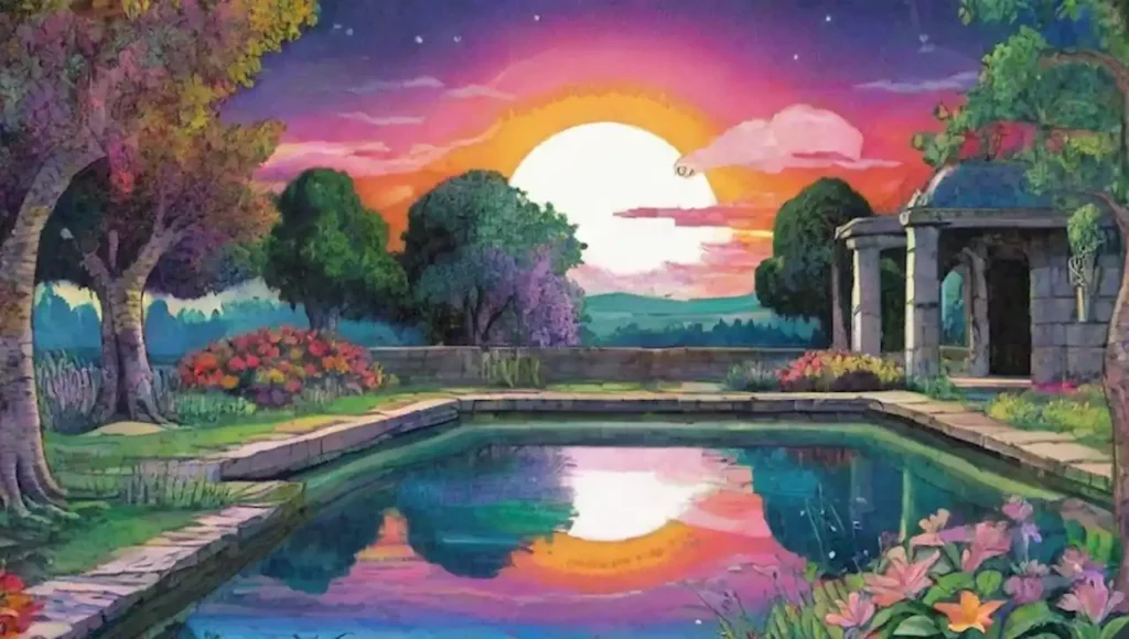 Un jardín sereno con ruinas