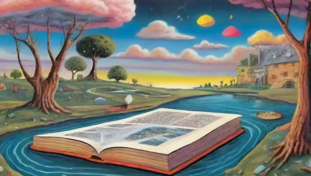 Un paisaje surrealista lleno de libros flotantes