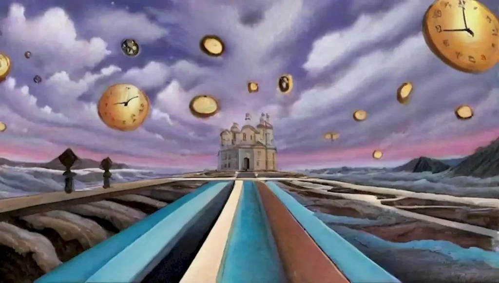 Un paisaje surrealista lleno de incertidumbre y simbolismo.