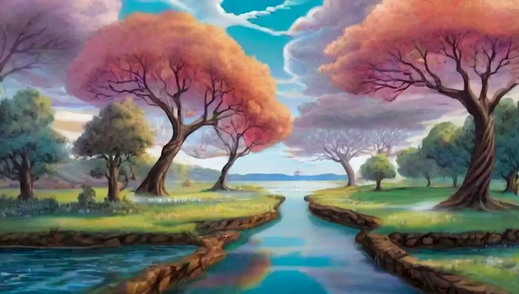 Un paisaje surrealista con formas geométricas flotantes y colores vibrantes.