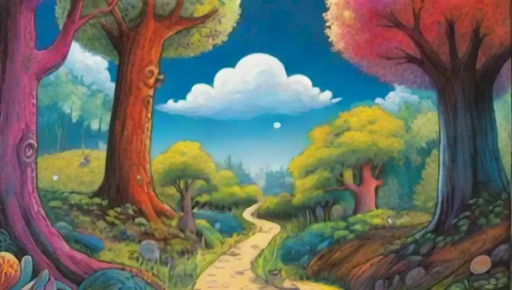 Un paisaje surrealista con animales antropomórficos y un bosque onírico lleno de colores vibrantes.