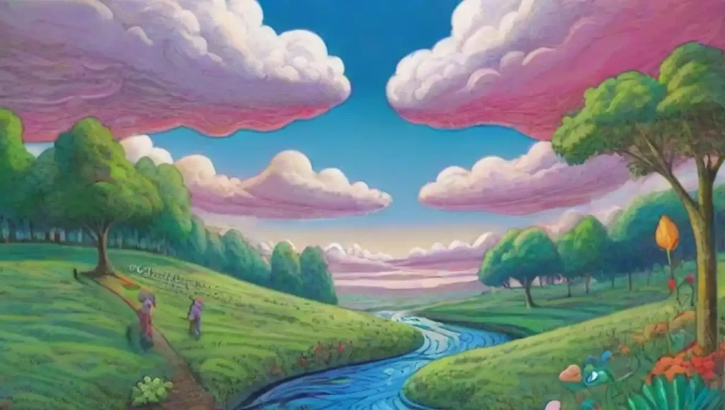 Un paisaje surrealista lleno de colores vibrantes y formas abstractas.