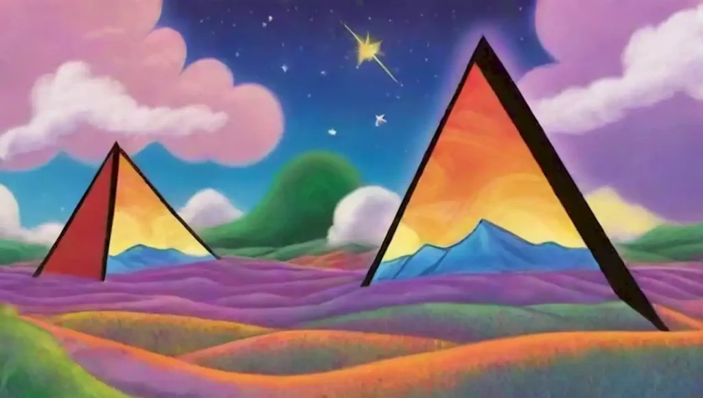 Formas geométricas abstractas en un paisaje onírico con colores vibrantes y elementos cósmicos.