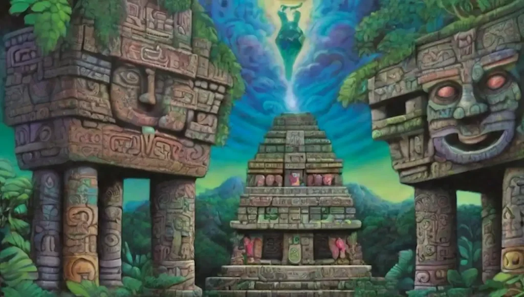 Glicfos mayas entre templos antiguos y selva vibrante.