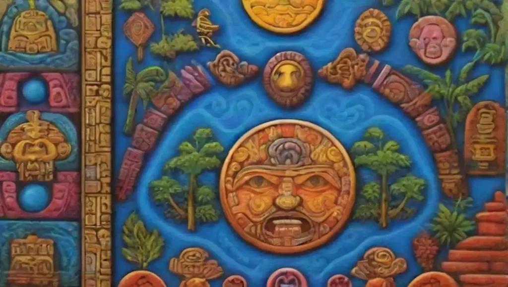 Glifos aztecas en un paisaje surrealista lleno de colores y símbolos místicos.