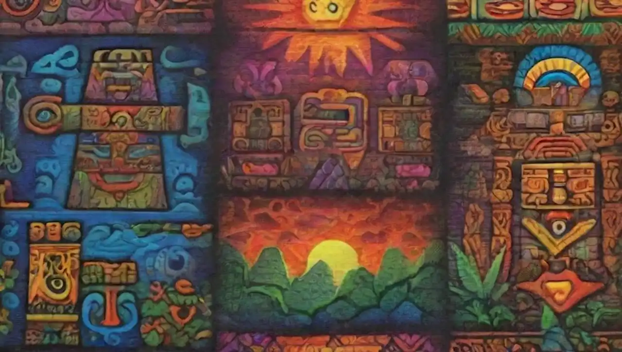 Glicios aztecas intrincados y coloridos en un entorno jungla místico.