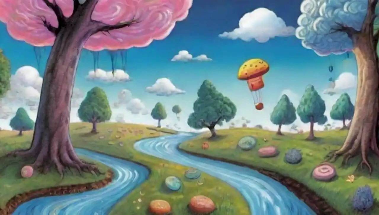 Un paisaje surrealista con elementos oníricos y colores vibrantes.