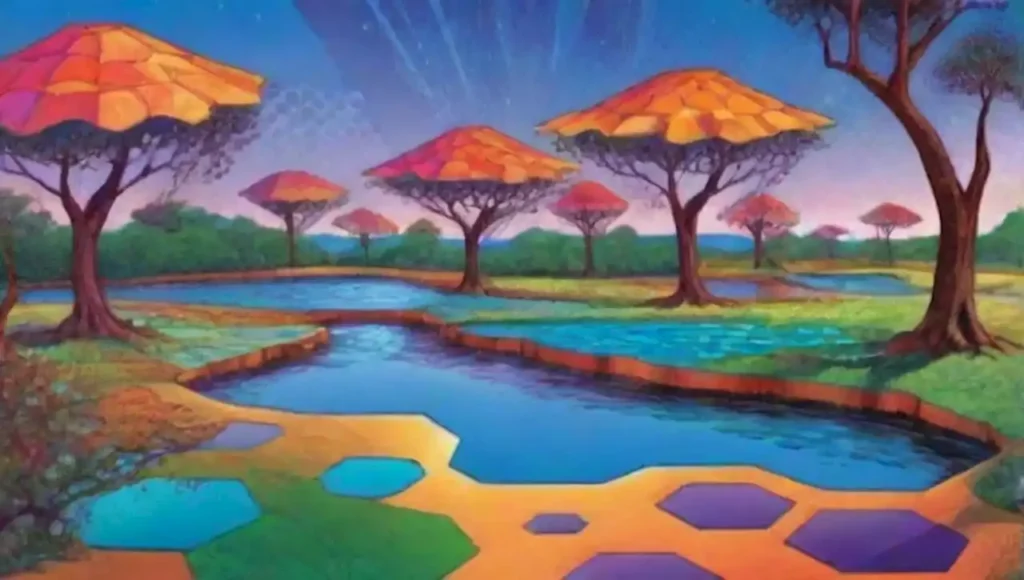 Hexágonos irregulares flotan en un paisaje onírico lleno de formas vibrantes y criaturas abstractas.