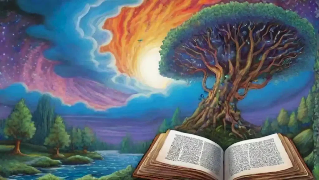 Un paisaje surrealista lleno de libros flotantes