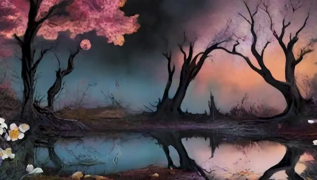 Paisaje surrealista que simboliza el sacrificio con figuras etéreas