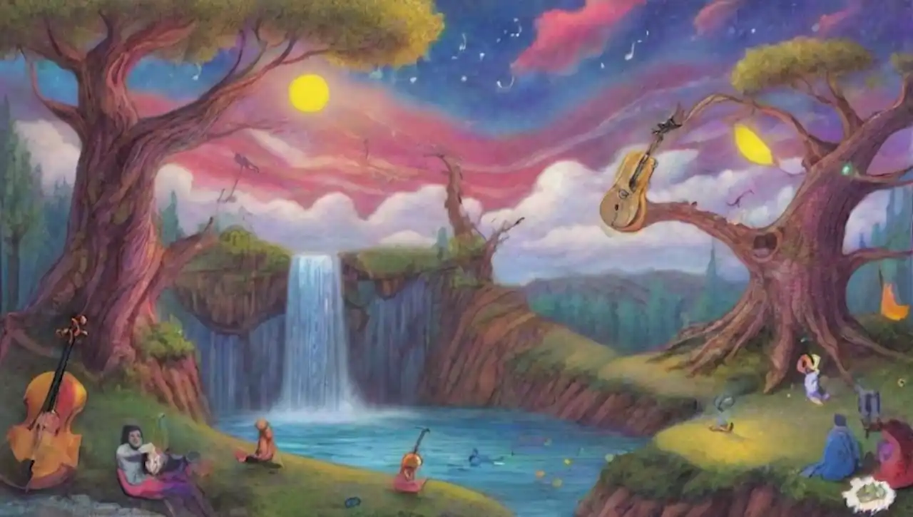 Un paisaje surrealista y colorido lleno de instrumentos musicales y criaturas míticas.