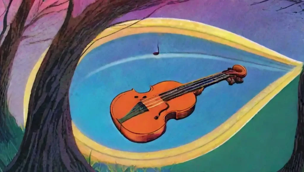 Un paisaje surrealista de instrumentos flotantes y colores vibrantes que fusiona la naturaleza con la música.