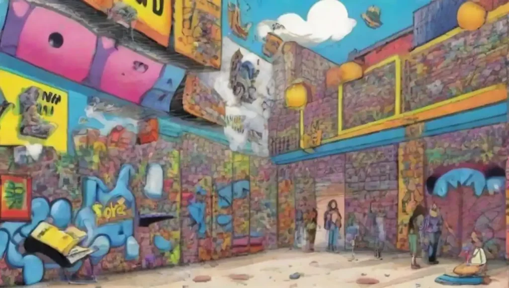 Murales vibrantes y elementos surrealistas simbolizan la diversidad y la comunicación entre culturas.