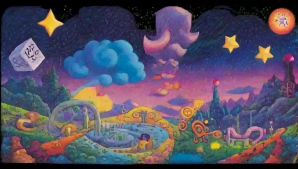 Formas geométricas abstractas y números en un paisaje surrealista lleno de colores vibrantes y elementos fantásticos.