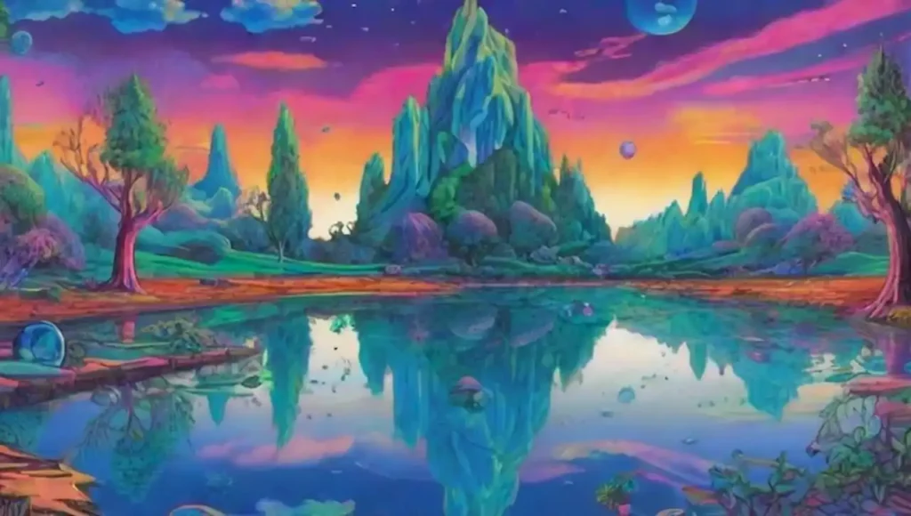 Un paisaje surrealista con formas geométricas flotantes y colores vibrantes.