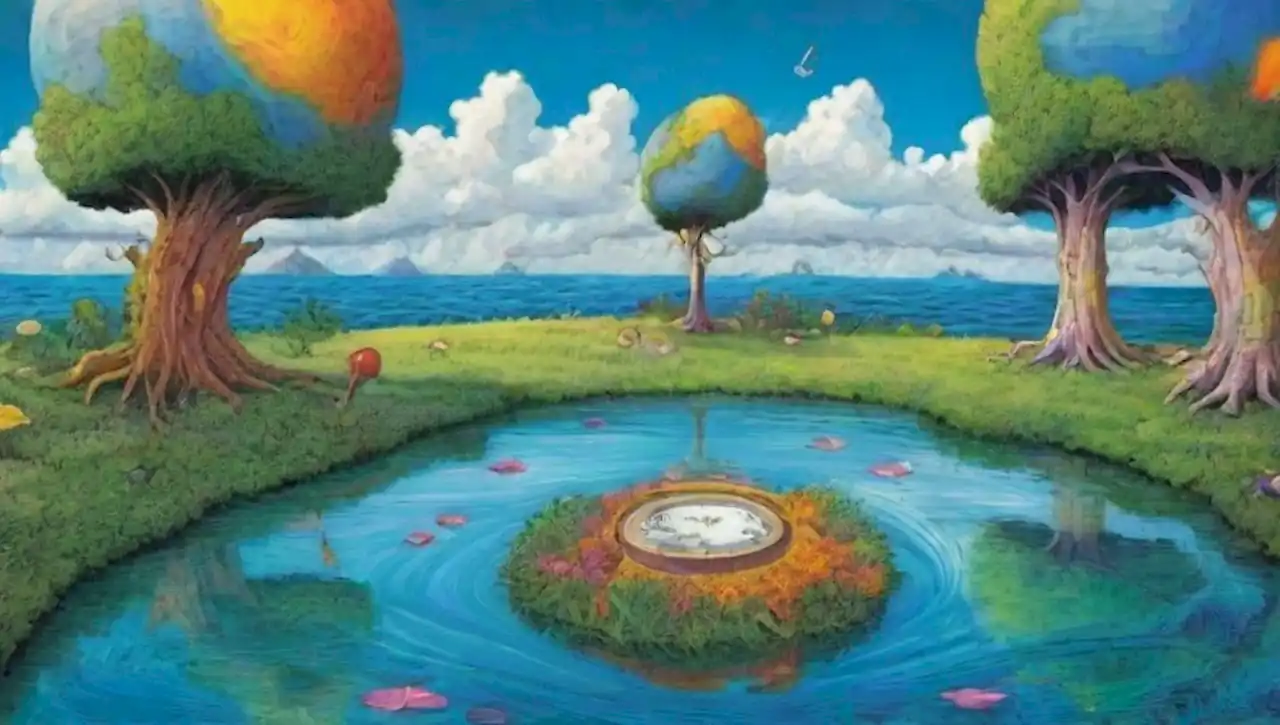 Un paisaje surrealista lleno de colores vibrantes y personajes curiosos en un mundo de sueños.