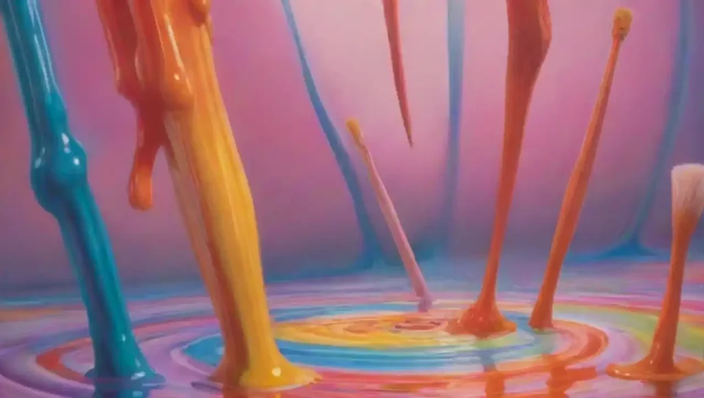 Paisaje surrealista con pinceles flotantes y figuras caprichosas en una paleta de colores oníricos.