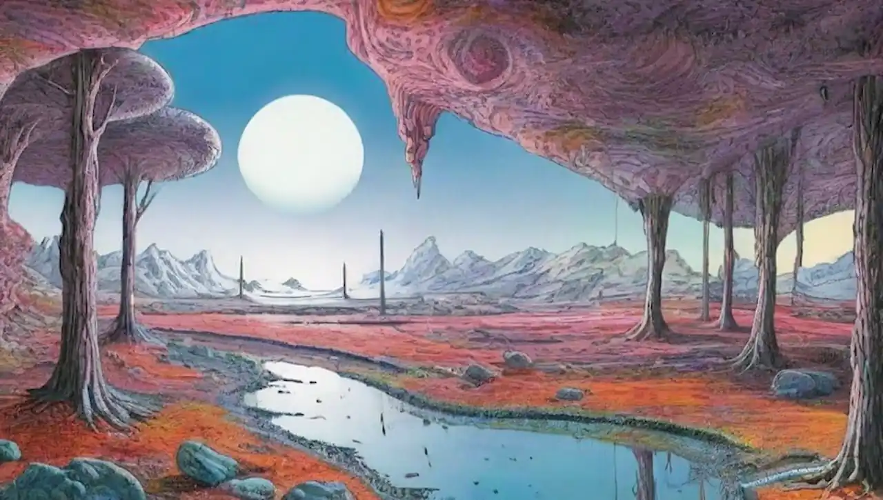Paisajes oníricos llenos de color y misterio.