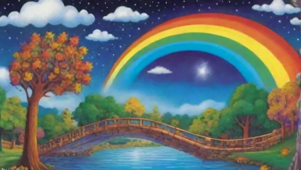 Un paisaje surrealista lleno de colores vibrantes y formas abstractas.