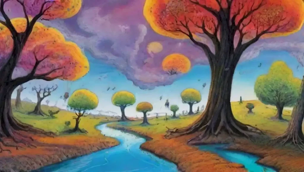 Paisaje surrealista con relojes flotantes