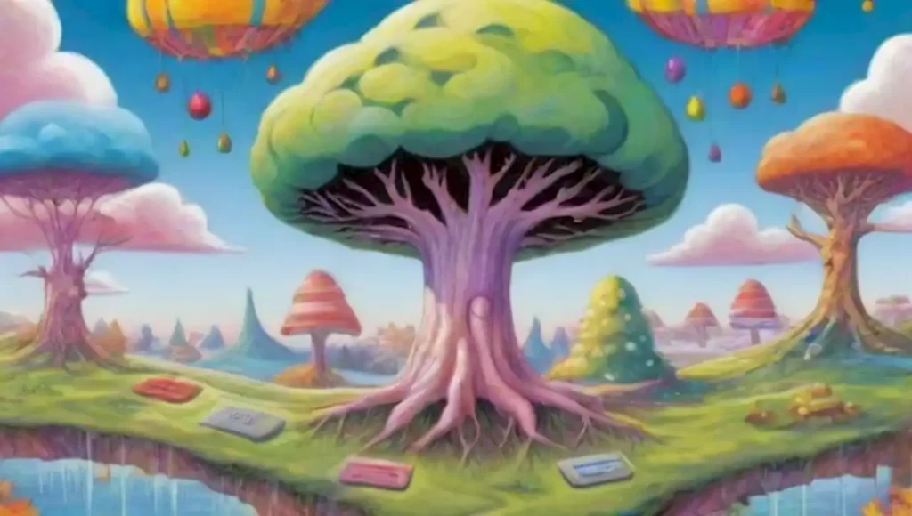 Un paisaje surrealista lleno de colores vibrantes y criaturas juguetonas.