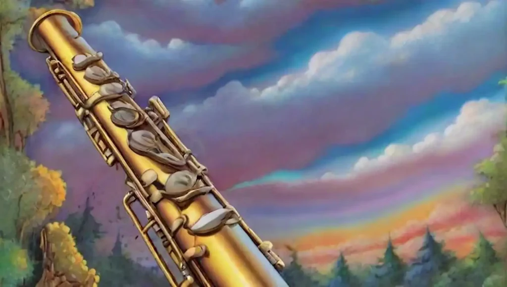 Clarinete dorado rodeado de notas musicales en un bosque surrealista y colores vibrantes.