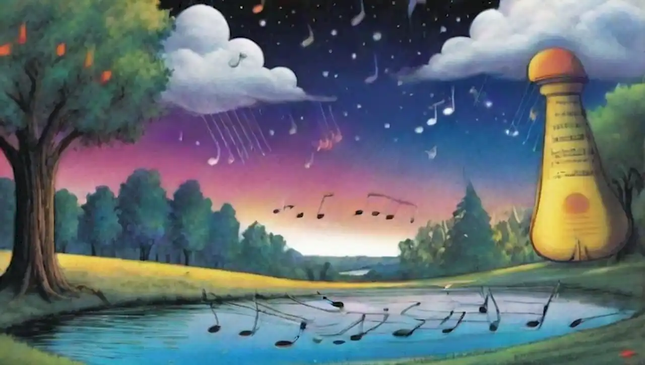 Un paisaje surrealista lleno de notas musicales, colores vibrantes y figuras etéreas en un cielo estrellado.