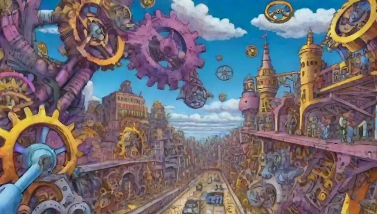 Un paisaje urbano surrealista que fusiona naturaleza y tecnología con figuras abstractas y elementos etéreos.