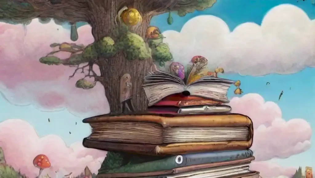 Paisaje surrealista con libros flotantes