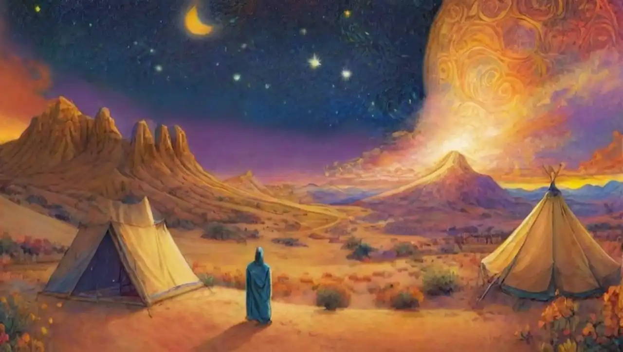 Un paisaje desértico surrealista con figuras simbólicas de esperanza y un brillo celestial.