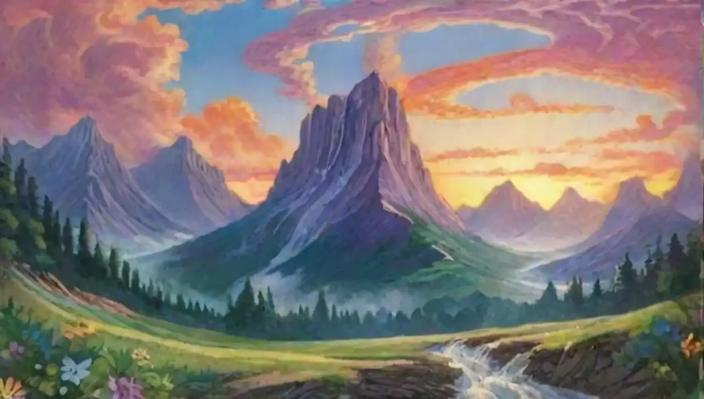 Paisajes etéreo con naturaleza mágica y elementos nostálgicos.