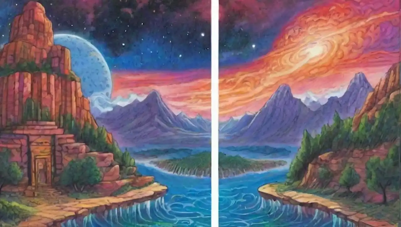 Un paisaje celestial con montañas majestuosas, ruinas antiguas y criaturas míticas bajo un cielo lleno de color y luz etérea.