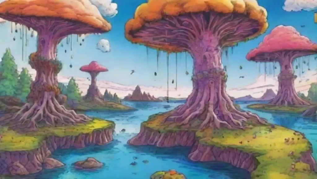 Paisaje surrealista lleno de colores vibrantes y criaturas mágicas.