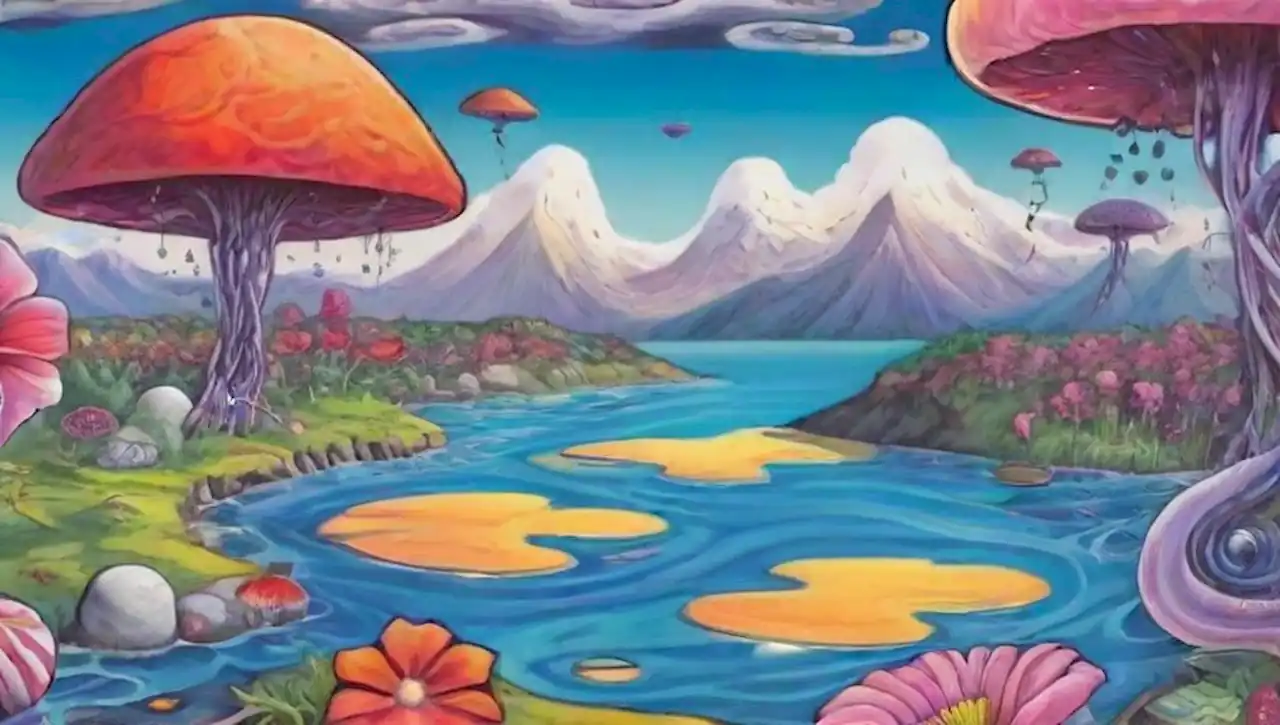 Un paisaje surrealista lleno de relojes derretidos, islas flotantes y colores vibrantes.