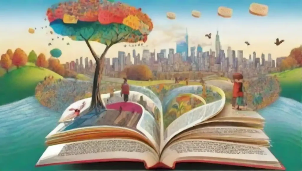 Paisaje surrealista con libros flotantes